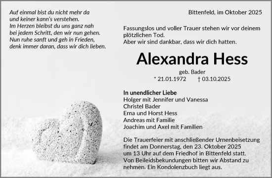 Traueranzeige von Alexandra Hess von Waiblinger Kreiszeitung