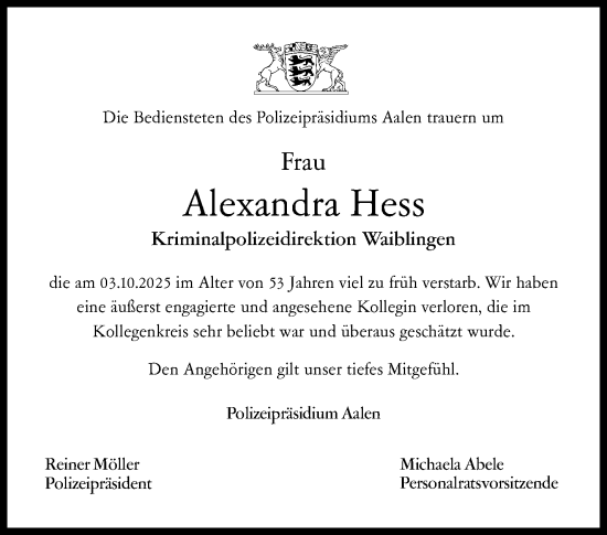 Traueranzeige von Alexandra Hess von Waiblinger Kreiszeitung