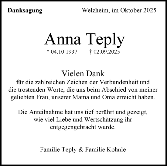 Traueranzeige von Anna Teply von Waiblinger Kreiszeitung