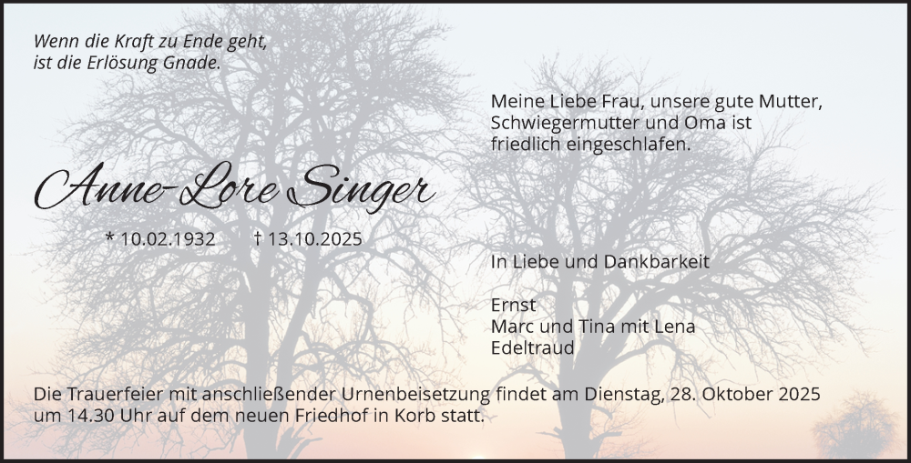  Traueranzeige für Anne-Lore Singer vom 22.10.2025 aus Waiblinger Kreiszeitung