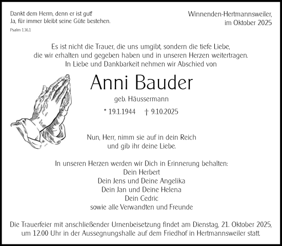 Traueranzeige von Anni Bauder von Waiblinger Kreiszeitung