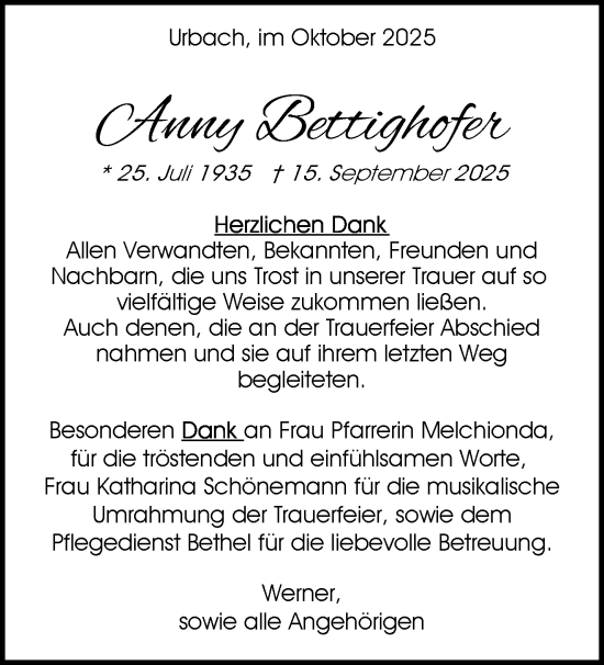 Traueranzeige von Anny Bettighofer von Waiblinger Kreiszeitung