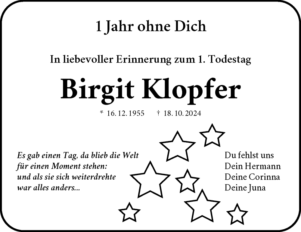  Traueranzeige für Birgit Klopfer vom 18.10.2025 aus Waiblinger Kreiszeitung