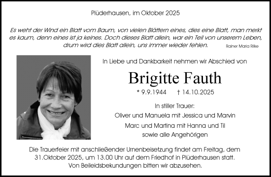 Traueranzeige von Brigitte Fauth von Waiblinger Kreiszeitung