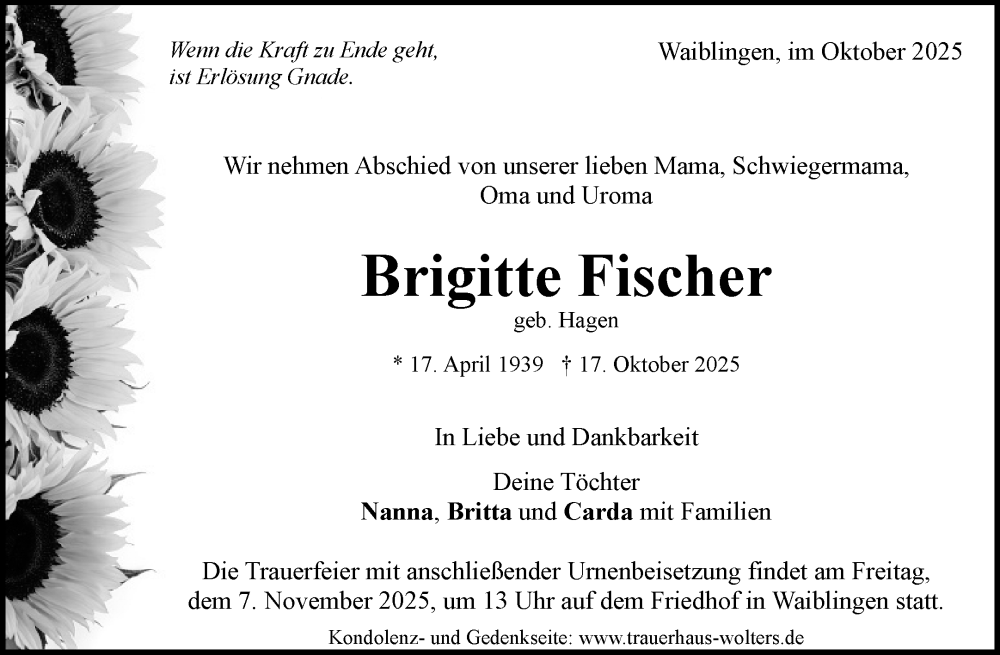 Traueranzeige für Brigitte Fischer vom 25.10.2025 aus Waiblinger Kreiszeitung