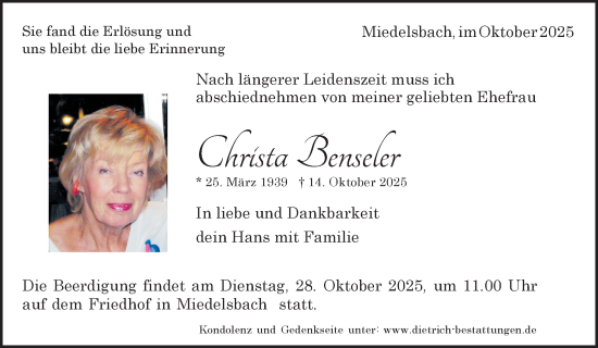Traueranzeige von Christa Benseler von Waiblinger Kreiszeitung