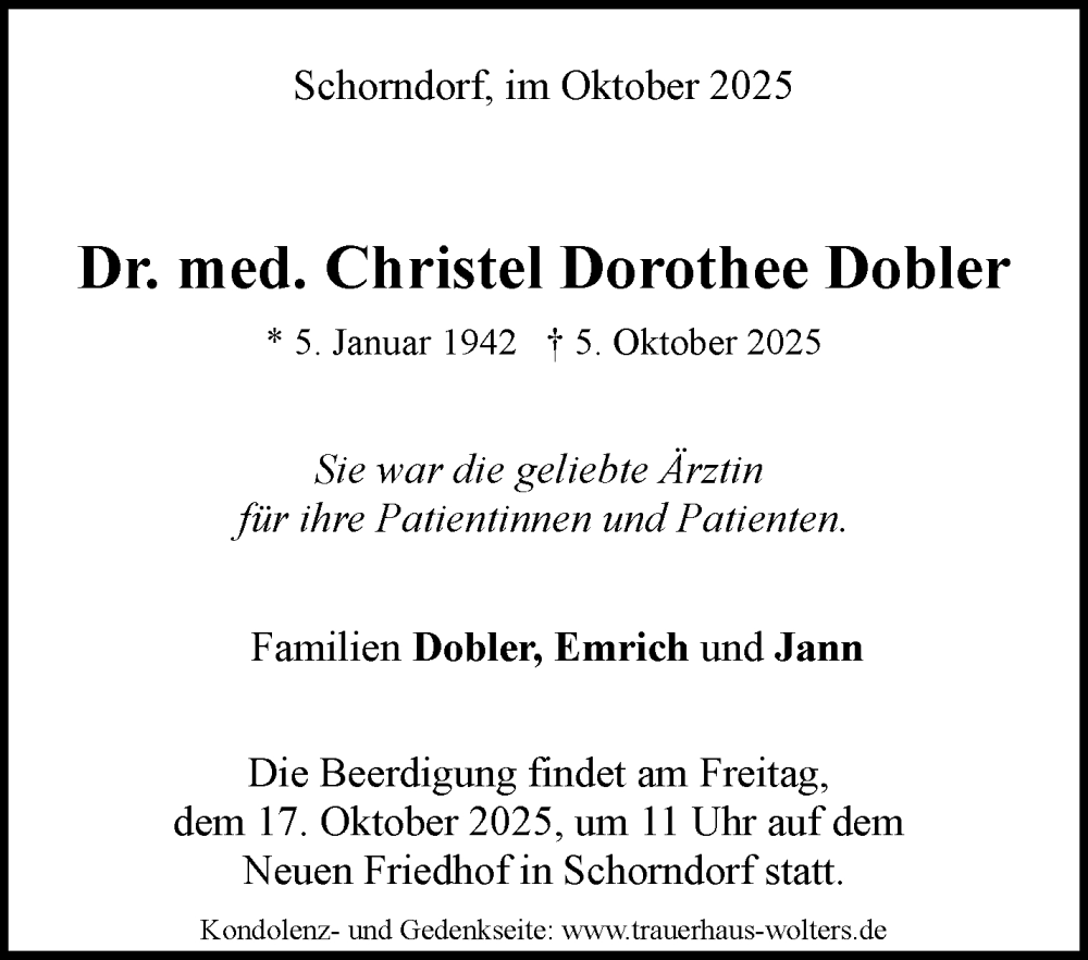  Traueranzeige für Christel Dorothee Dobler vom 11.10.2025 aus Waiblinger Kreiszeitung