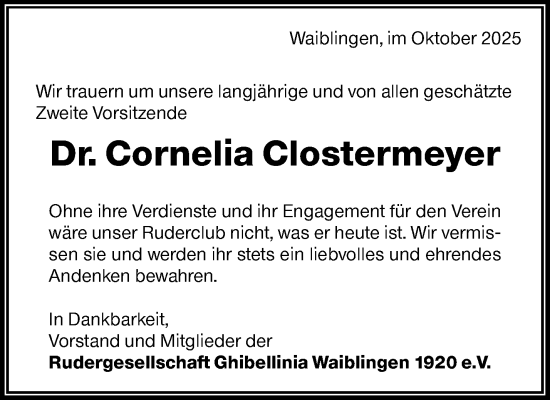 Traueranzeige von Cornelia Clostermeyer von Waiblinger Kreiszeitung