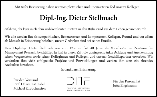 Traueranzeige von Dieter Stellmach von Waiblinger Kreiszeitung