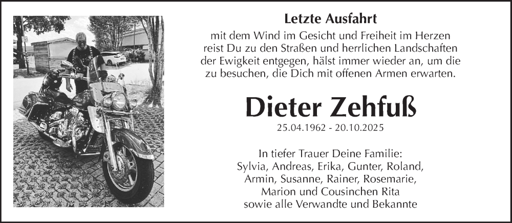  Traueranzeige für Dieter Zehfuß vom 25.10.2025 aus Waiblinger Kreiszeitung