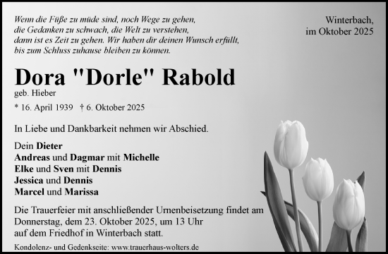Traueranzeige von Dora Rabold von Waiblinger Kreiszeitung