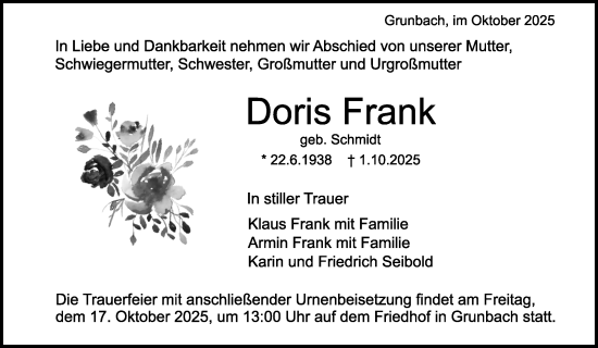Traueranzeige von Doris Frank von Waiblinger Kreiszeitung