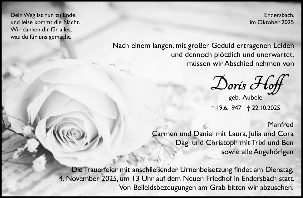  Traueranzeige für Doris Hoff vom 30.10.2025 aus Waiblinger Kreiszeitung