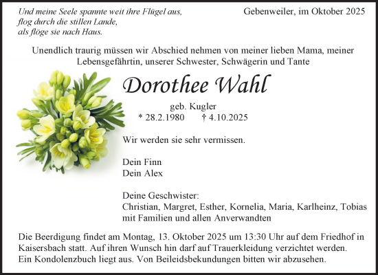 Traueranzeige von Dorothee Wahl von Waiblinger Kreiszeitung