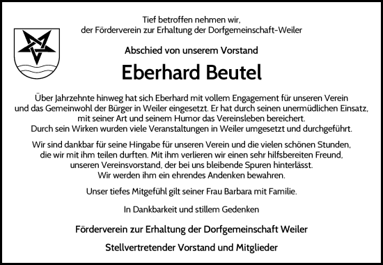Traueranzeige von Eberhard Beutel von Waiblinger Kreiszeitung