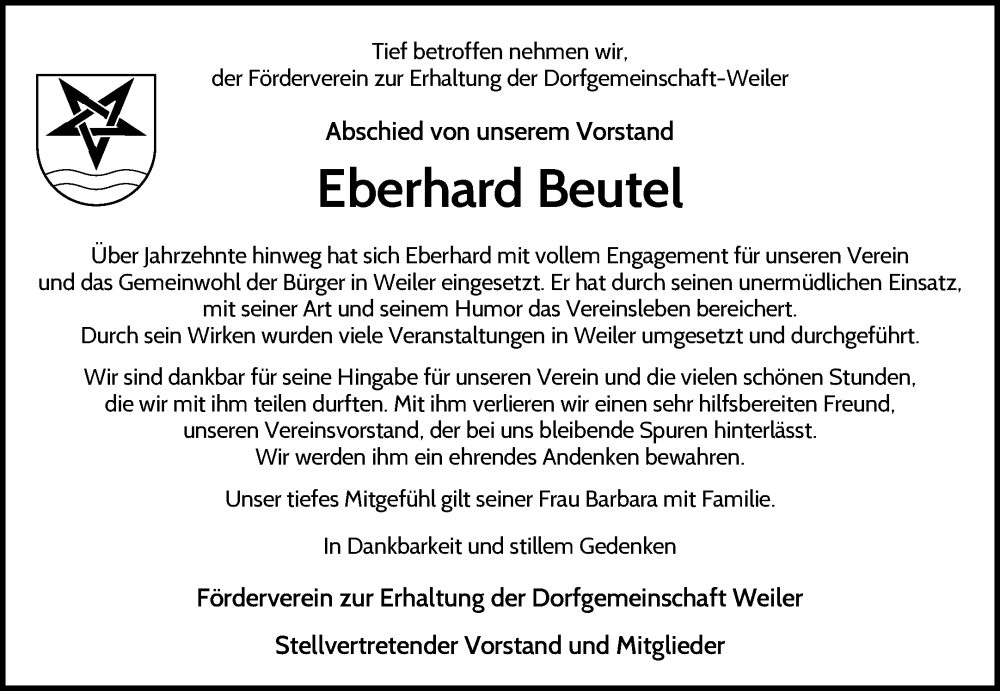  Traueranzeige für Eberhard Beutel vom 01.10.2025 aus Waiblinger Kreiszeitung