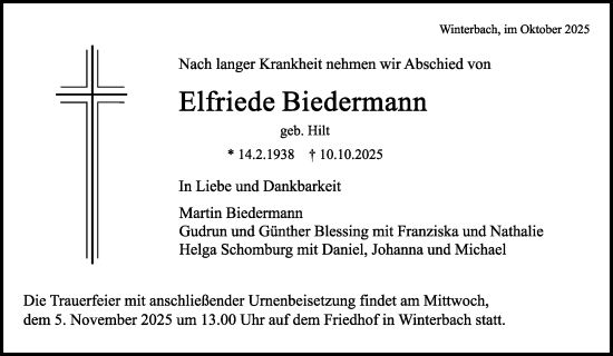 Traueranzeige von Elfriede Biedermann von Waiblinger Kreiszeitung
