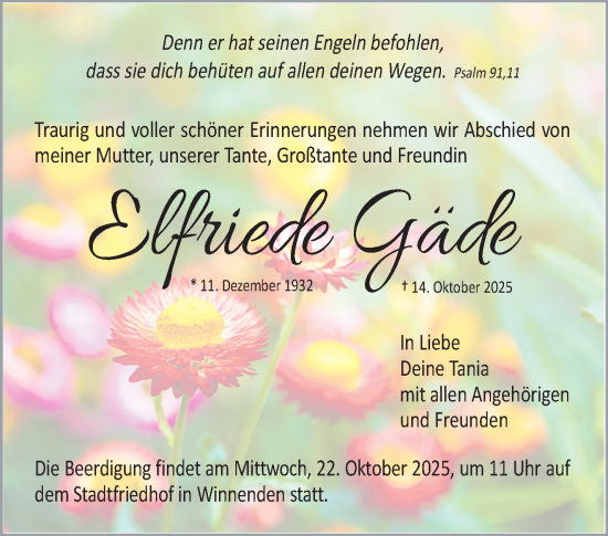Traueranzeige von Elfriede Gäde von Waiblinger Kreiszeitung