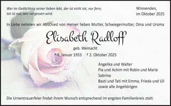 Traueranzeige von Elisabeth Radloff von Waiblinger Kreiszeitung