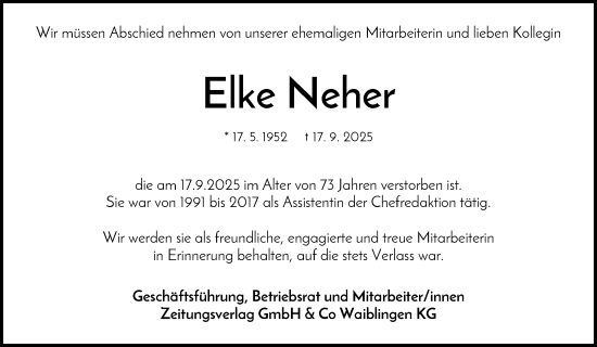 Traueranzeige von Elke Neher von Waiblinger Kreiszeitung