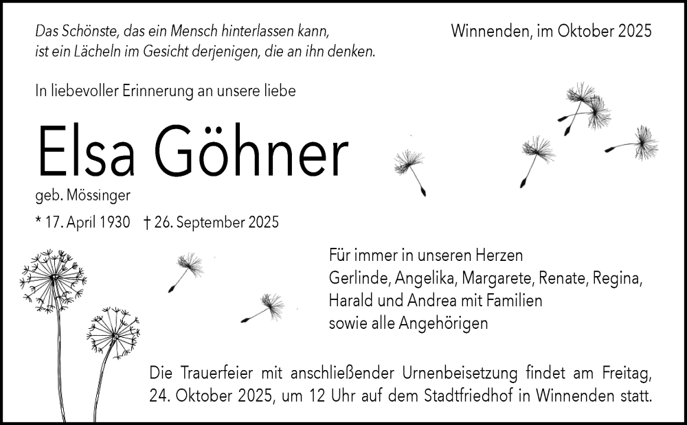  Traueranzeige für Elsa Göhner vom 17.10.2025 aus Waiblinger Kreiszeitung