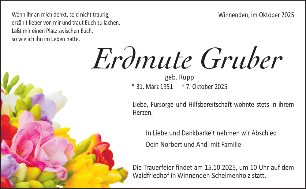  Traueranzeige für Erdmute Gruber vom 10.10.2025 aus Waiblinger Kreiszeitung