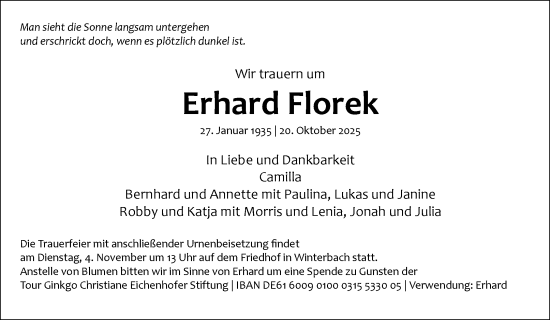Traueranzeige von Erhard Florek von Waiblinger Kreiszeitung