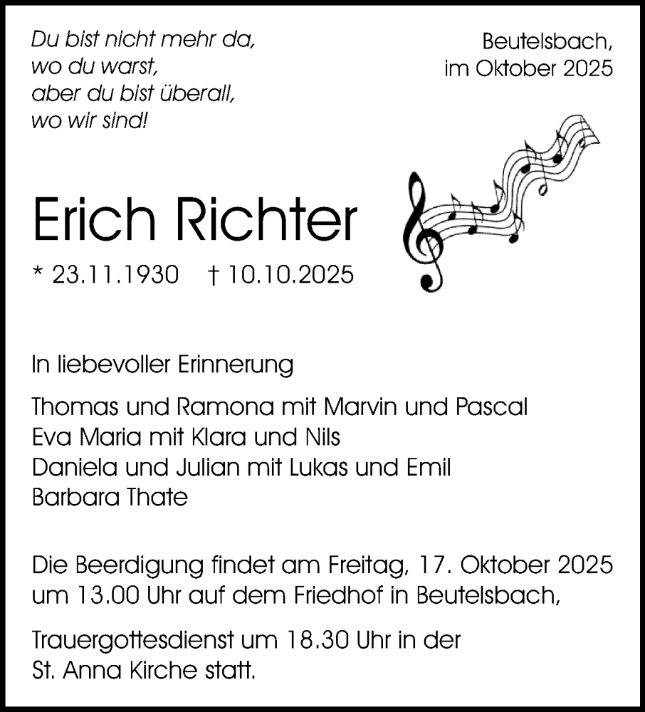  Traueranzeige für Erich Richter vom 15.10.2025 aus Waiblinger Kreiszeitung