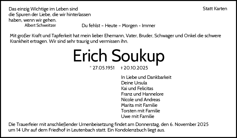  Traueranzeige für Erich Soukup vom 30.10.2025 aus Waiblinger Kreiszeitung