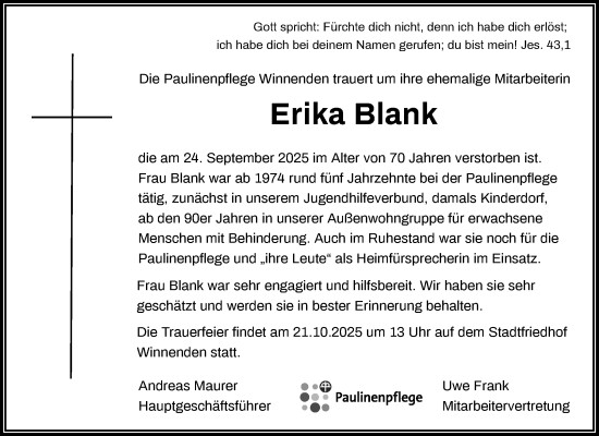 Traueranzeige von Erika Blank von Waiblinger Kreiszeitung
