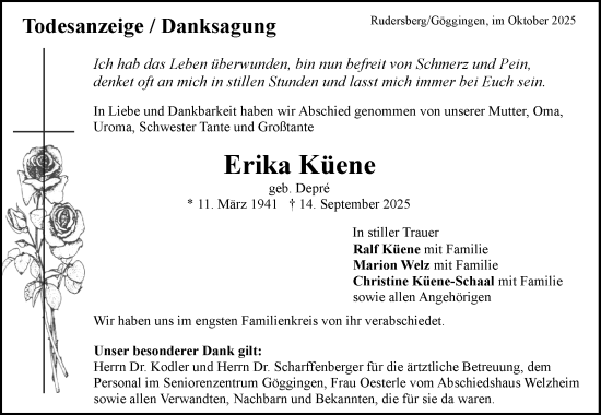 Traueranzeige von Erika Küene von Waiblinger Kreiszeitung