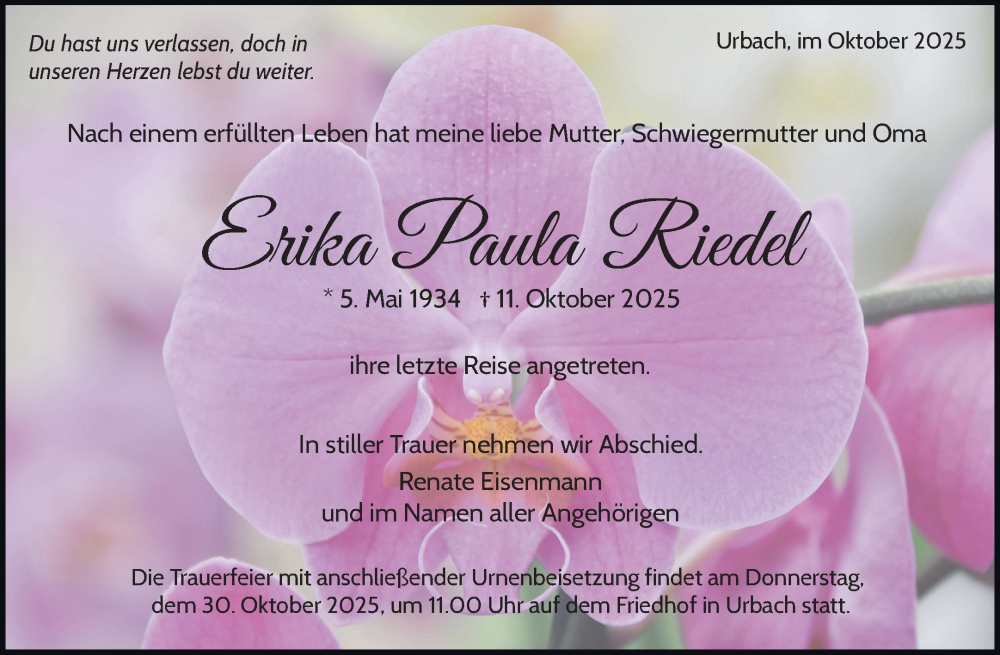  Traueranzeige für Erika Paula Riedel vom 18.10.2025 aus Waiblinger Kreiszeitung