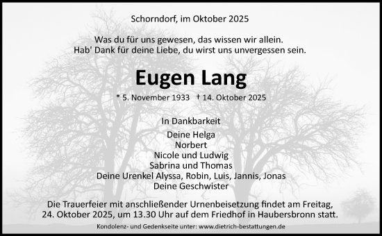 Traueranzeige von Eugen Lang von Waiblinger Kreiszeitung