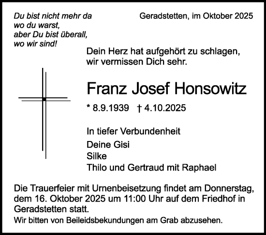Traueranzeige von Franz Josef Honsowitz von Waiblinger Kreiszeitung