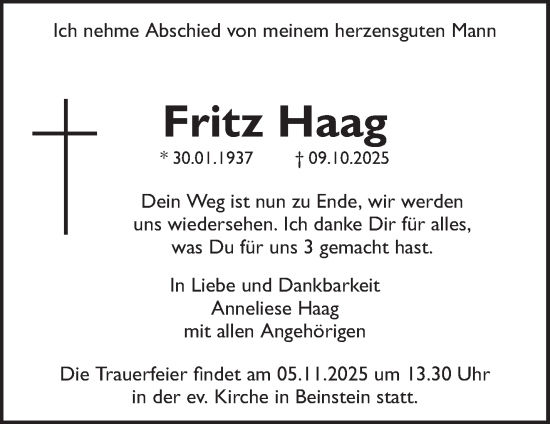 Traueranzeige von Fritz Haag von Waiblinger Kreiszeitung