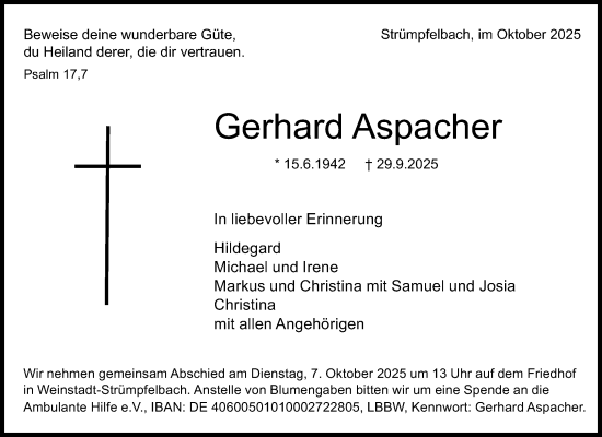 Traueranzeige von Gerhard Aspacher von Waiblinger Kreiszeitung