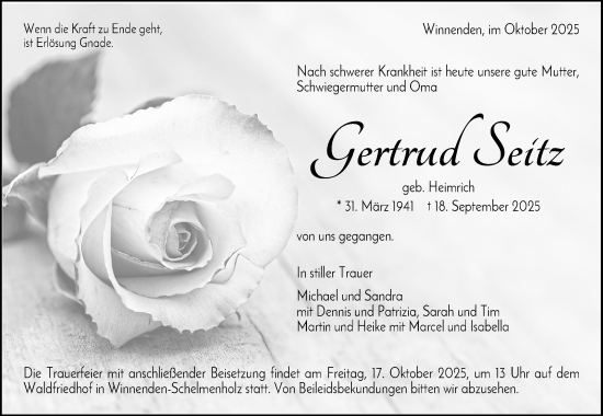 Traueranzeige von Gertrud Seitz von Waiblinger Kreiszeitung
