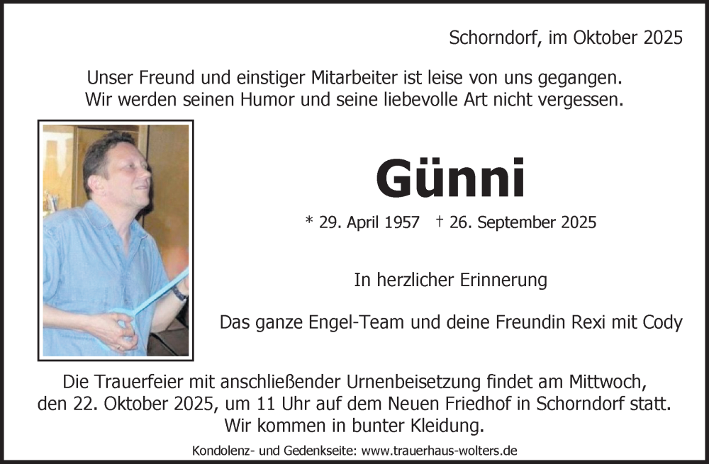  Traueranzeige für Günni  vom 11.10.2025 aus Waiblinger Kreiszeitung