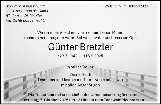 Traueranzeige von Günter Bretzler von Waiblinger Kreiszeitung