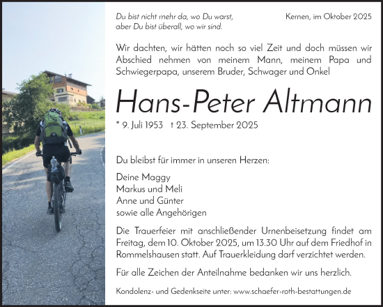 Traueranzeige von Hans-Peter Altmann von Waiblinger Kreiszeitung