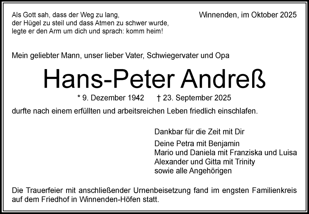  Traueranzeige für Hans-Peter Andreß vom 18.10.2025 aus Waiblinger Kreiszeitung
