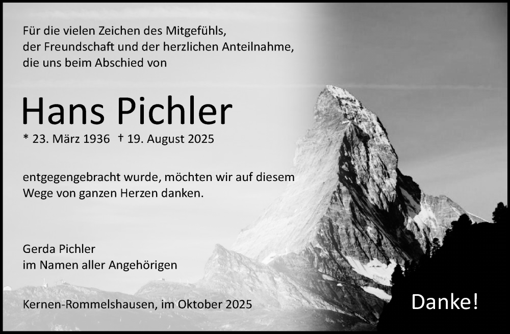  Traueranzeige für Hans Pichler vom 08.10.2025 aus Waiblinger Kreiszeitung