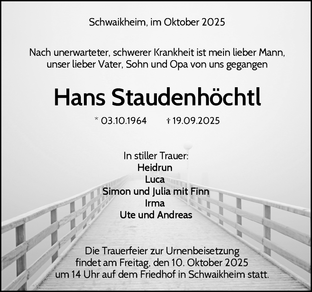  Traueranzeige für Hans Staudenhöchtl vom 04.10.2025 aus Waiblinger Kreiszeitung