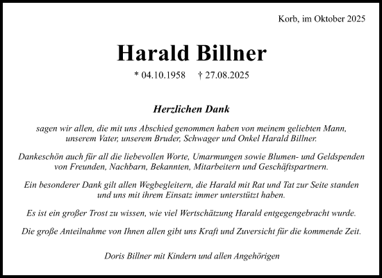 Traueranzeige von Harald Billner von Waiblinger Kreiszeitung