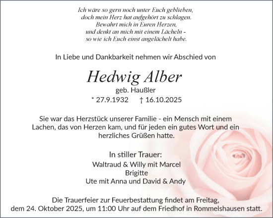 Traueranzeige von Hedwig Alber von Waiblinger Kreiszeitung