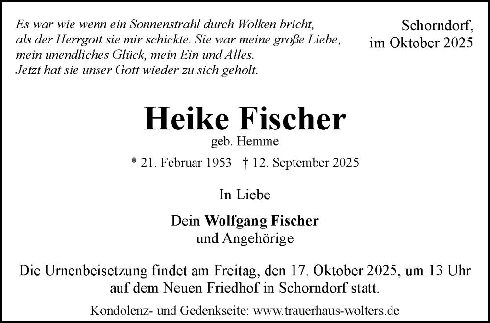  Traueranzeige für Heike Fischer vom 13.10.2025 aus Waiblinger Kreiszeitung