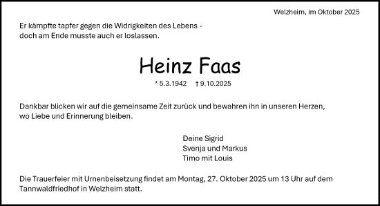 Traueranzeige von Heinz Faas von Waiblinger Kreiszeitung