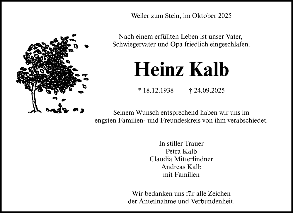  Traueranzeige für Heinz Kalb vom 16.10.2025 aus Waiblinger Kreiszeitung