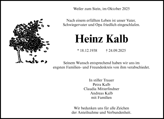 Traueranzeige von Heinz Kalb von Waiblinger Kreiszeitung