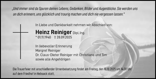 Traueranzeige von Heinz Reiniger von Waiblinger Kreiszeitung